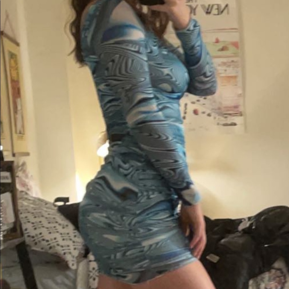 Urban Outfitters Groovy Blue and White Bodycon long sleeve Dress